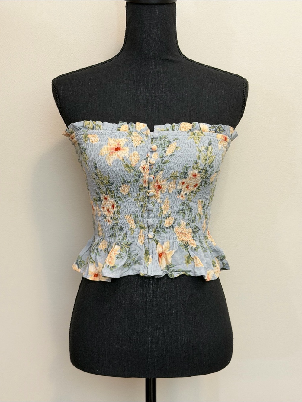 American Eagle Floral Smocked Tube Top Womens S Strapless Peplum Ruffle Hem Blue